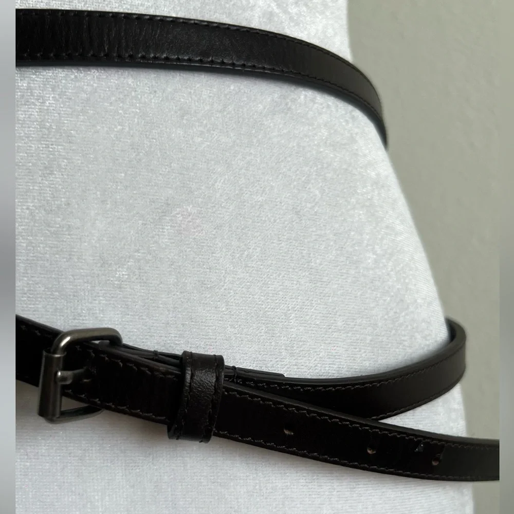 Dark Brown Leather long skinny Belt with Buckle